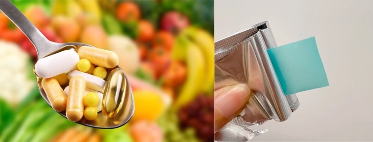 A comparison image showing supplements in pill form on a spoon, next to a hand holding a fast-dissolving oral strip, highlighting an alternative to traditional supplements.