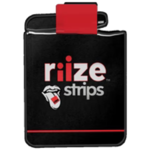 A black and red package of Riize Strips with a logo featuring a tongue holding a strip, representing fast-dissolving oral film products.