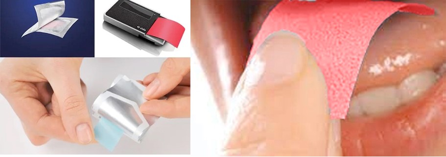 Multiple views of thin film-like oral strips in different packaging and application scenarios. One view shows a person applying a pink oral strip onto their tongue, while another shows hands holding a strip.